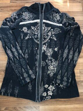 Skinny Minnie Jacket Womens M Navy Bling Floral Zip Up Y2K Long Sleeve Cotton